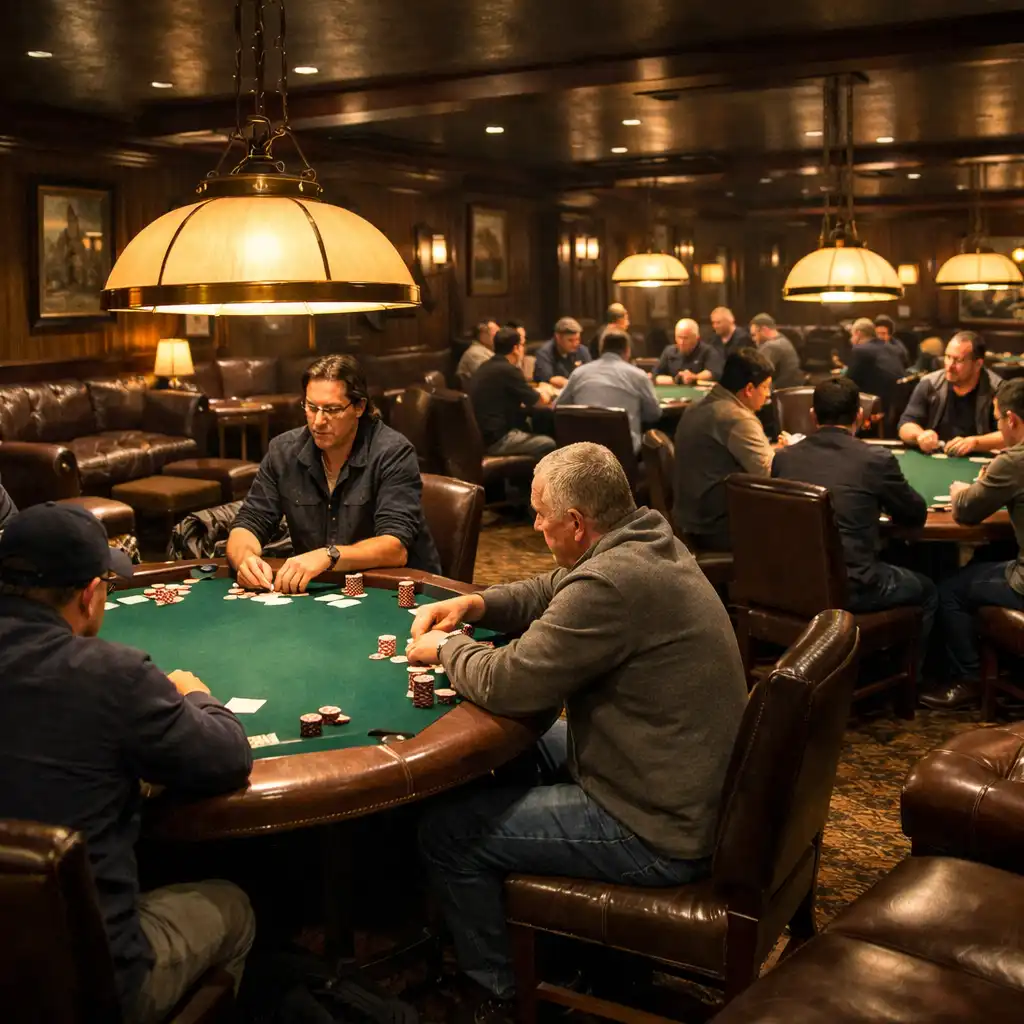 Pokerová místnost s několika stoly, teplými lampami a hráči v klubové atmosféře