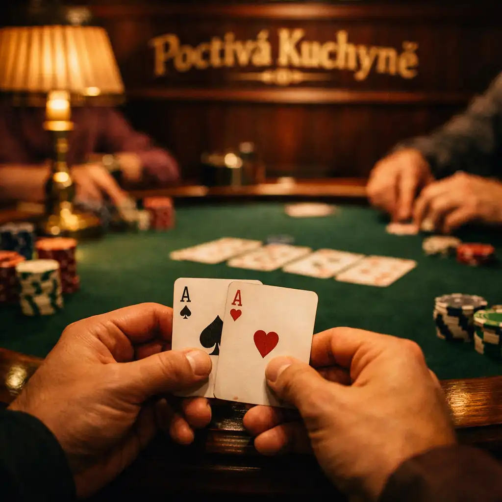 Detailní pohled na karty a ruce hráče v card roomu Poctivé Kuchyně