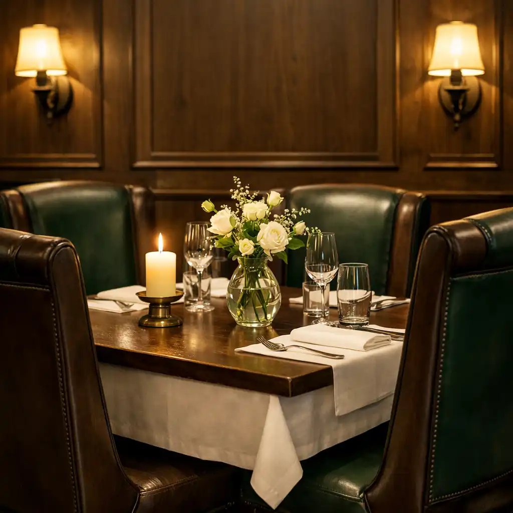 Detailní pohled na jídelní část restaurace s koženými křesly, stolem z tmavého ořechu a teplým osvětlením