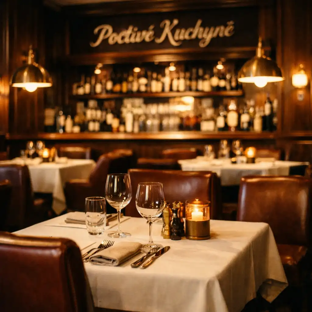 Interiér restaurace Poctivé Kuchyně s koženými židlemi a teplým osvětlením
