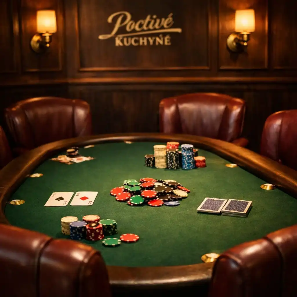 Pokerový lounge se zeleným plstěným stolem a koženými křesly