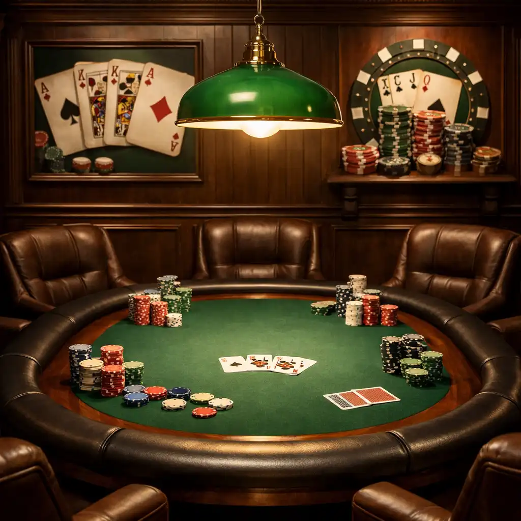 Pohled na pokerovou zónu s oválným stolem, zeleným suknem, žetony a koženými křesly