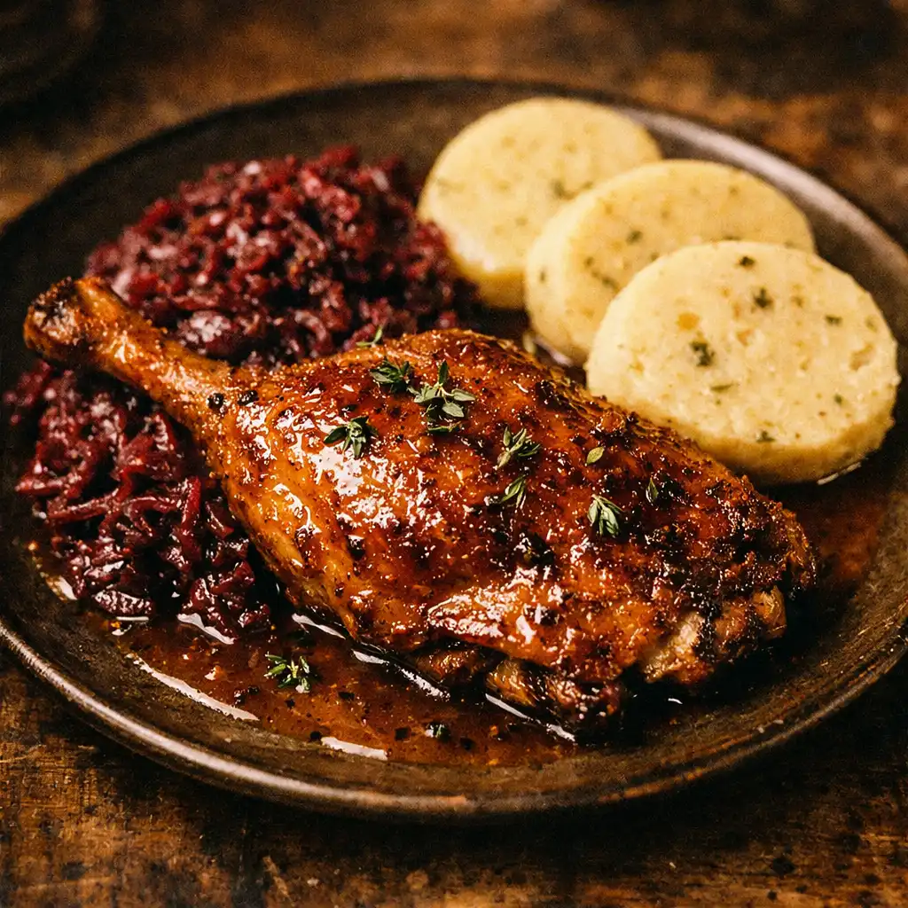 Pečená kachna s červeným zelím a bramborovým knedlíkem