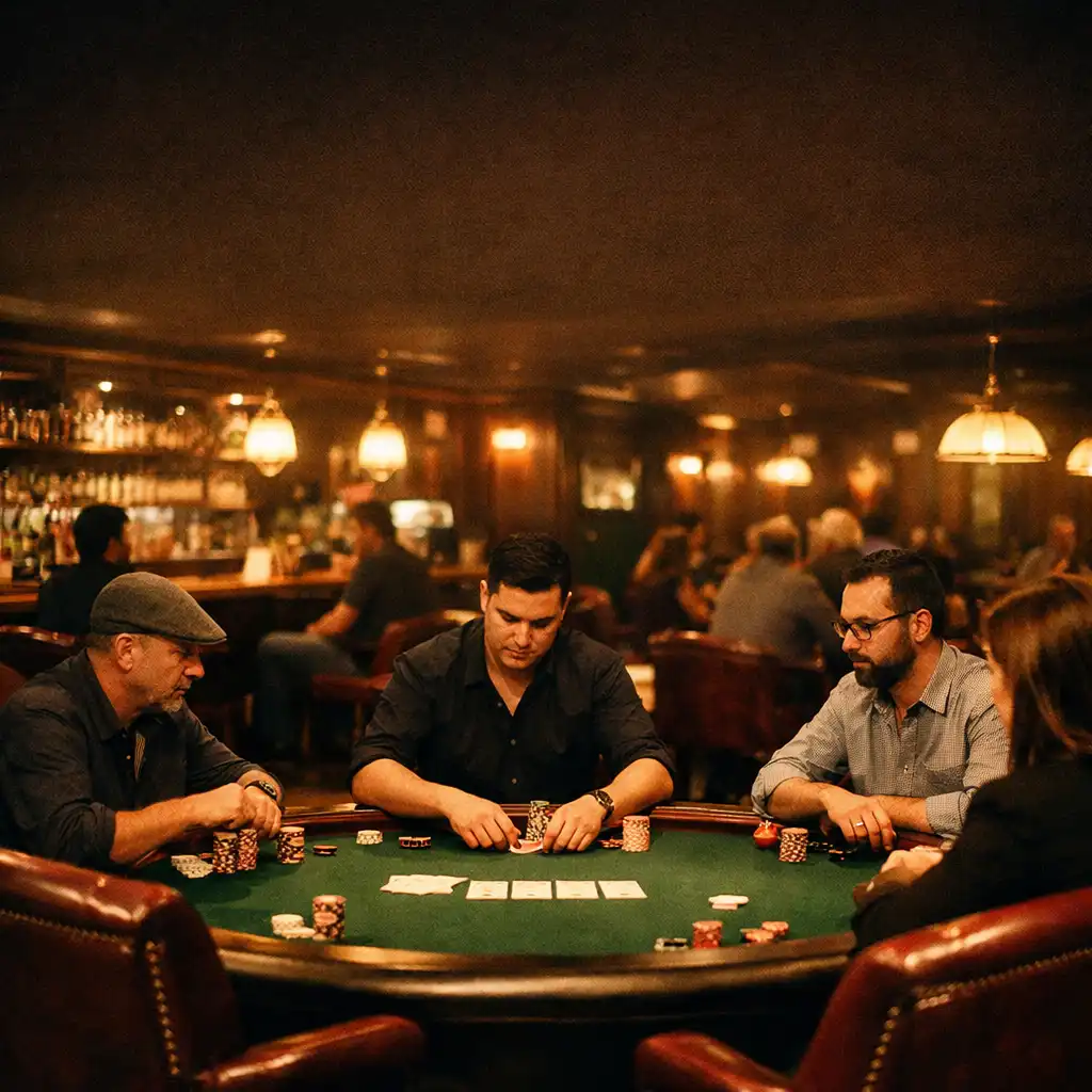 Pokerový lounge Poctivé Kuchyně během večera s hráči u stolu
