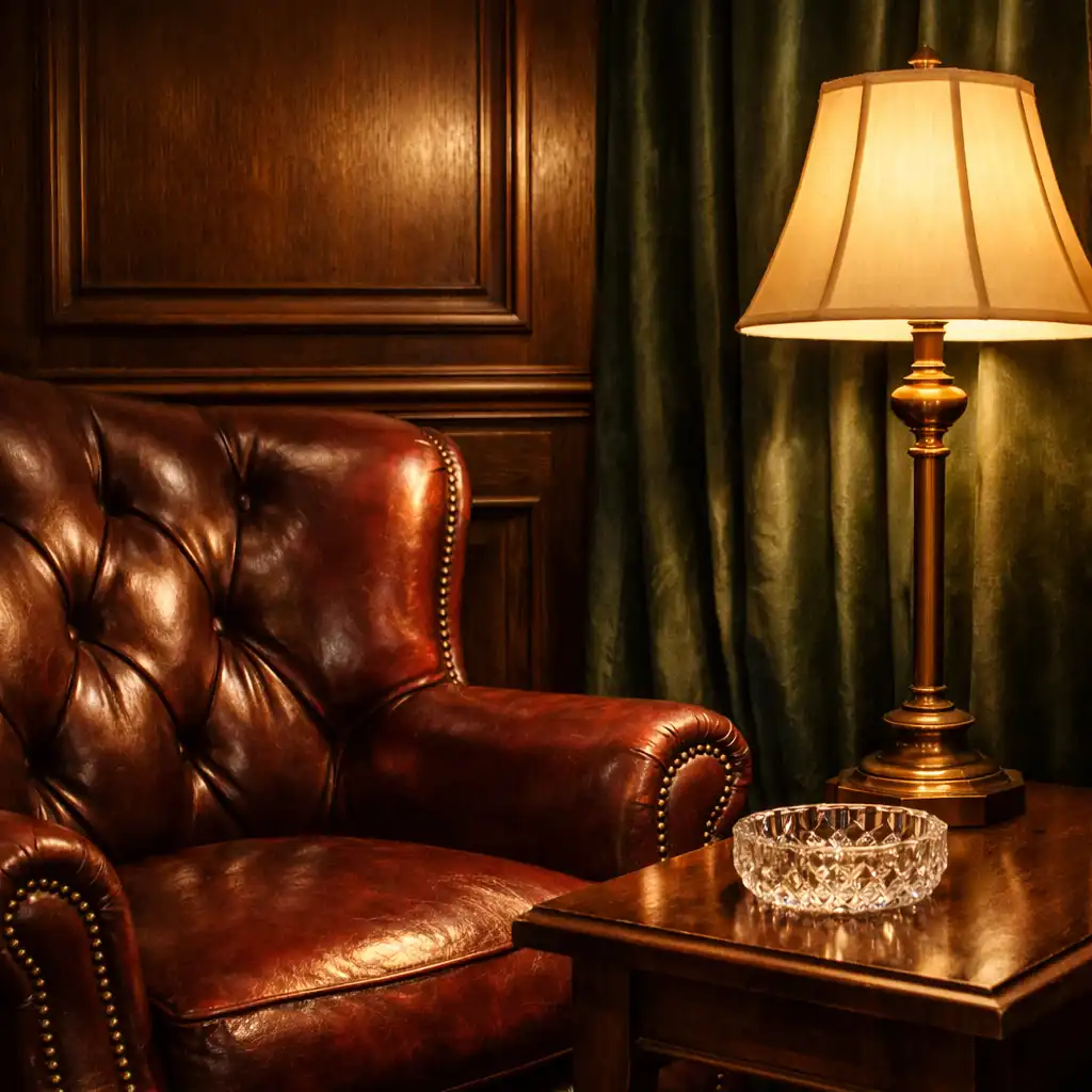 Detail křesla a lampy v pokerovém lounge Poctivé Kuchyně