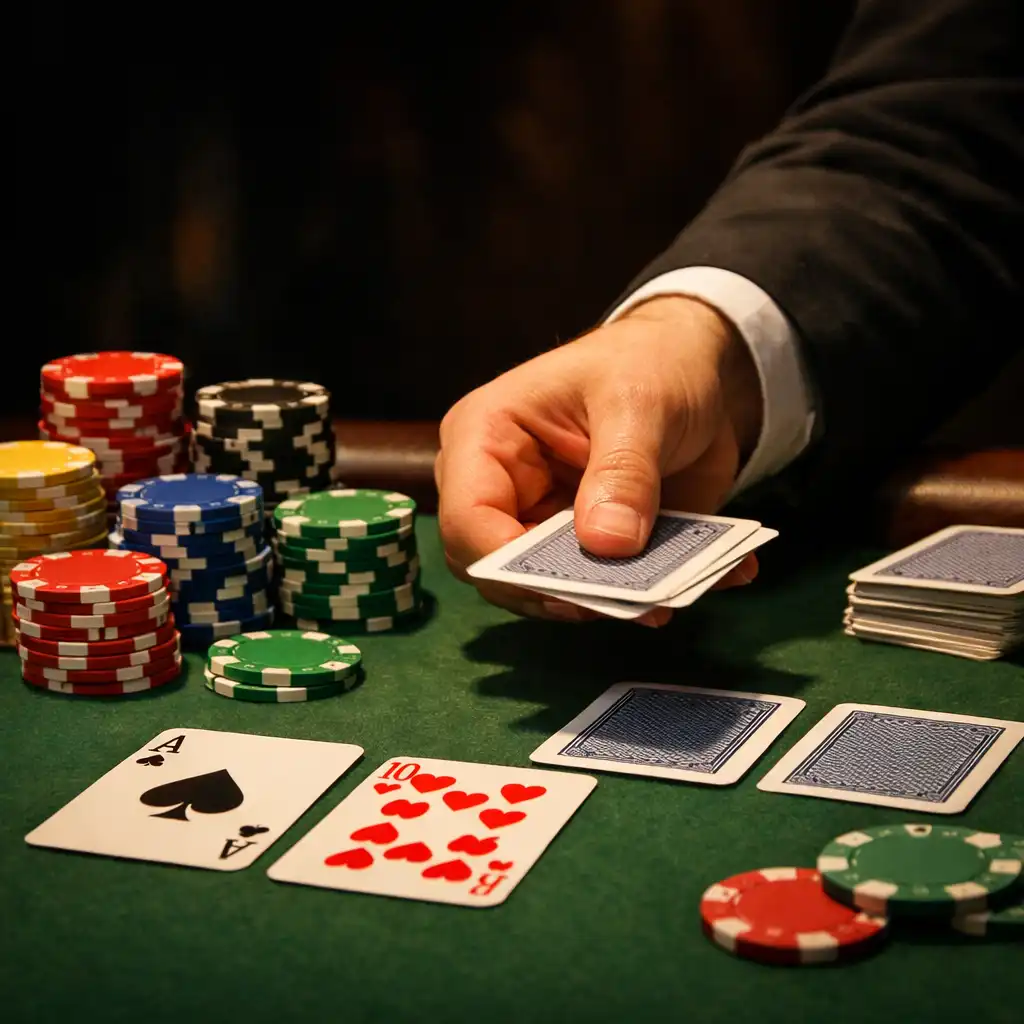Detailní záběr pokerového stolu s barevnými žetony a kartami během soukromé akce