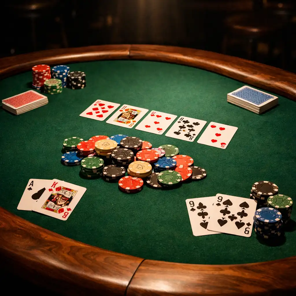 Pokerový stůl z masivního ořechu s tmavě zeleným plátnem, žetony a kartami pod teplým osvětlením