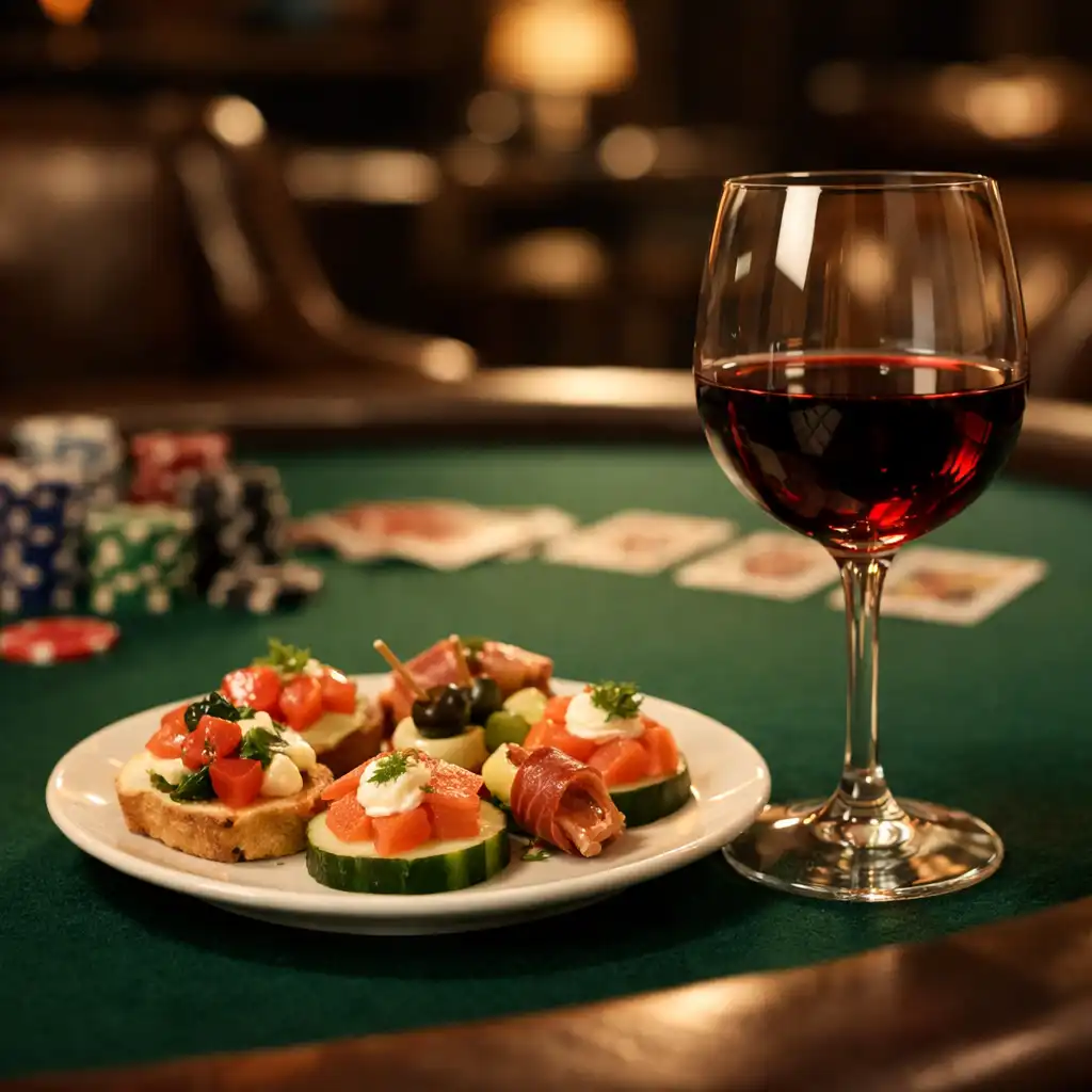 Pokerový stůl s talířem drobných předkrmů a sklenkou červeného vína na plátně, obklopený koženými židlemi