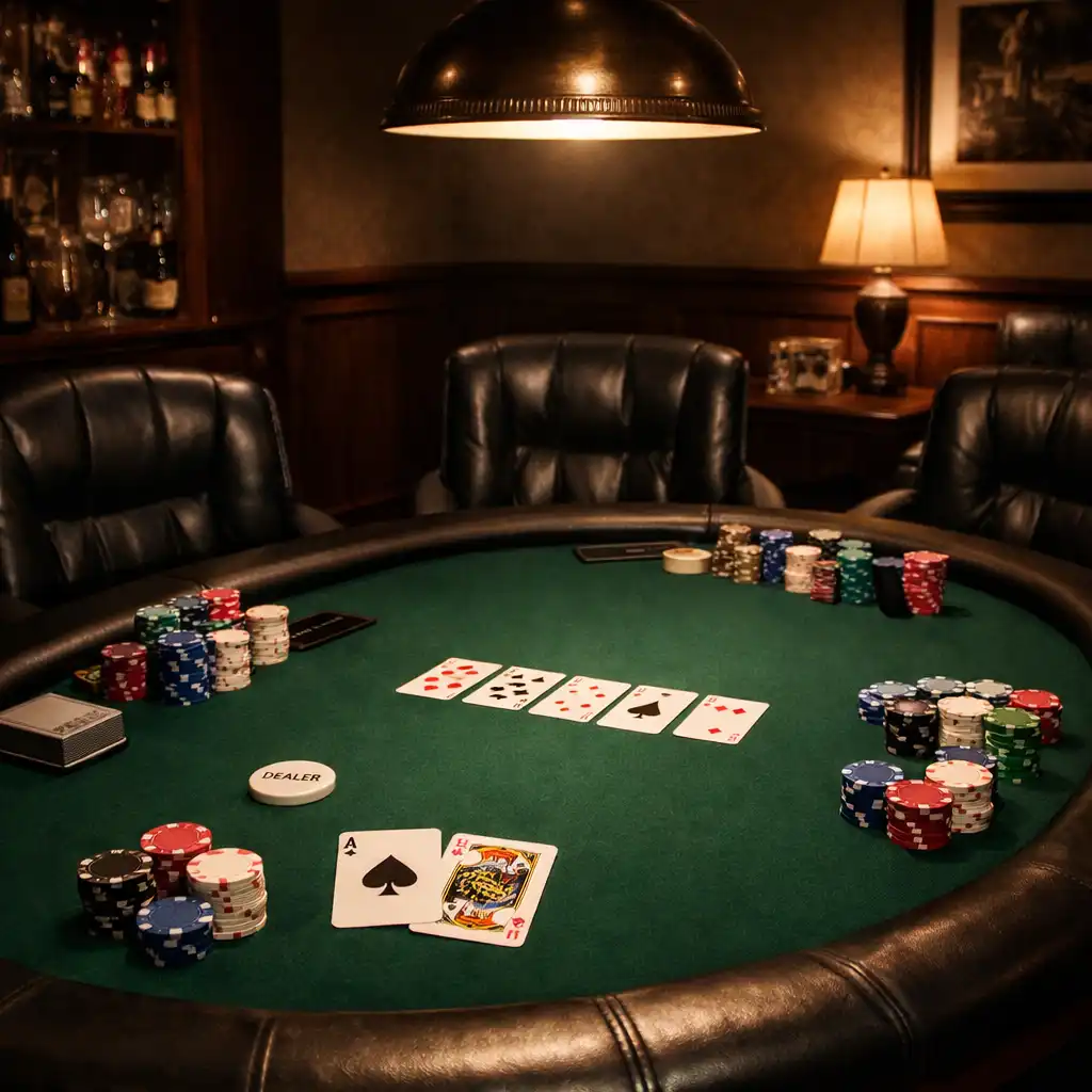 Soukromý pokerový salonek s profesionálním stolem, žetony a tlumeným osvětlením