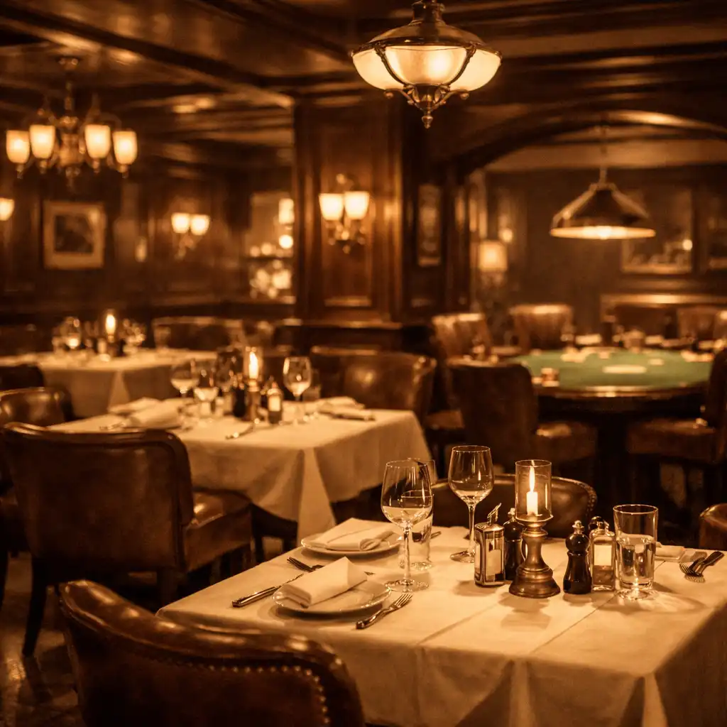 Elegantní interiér restaurace Poctivá Kuchyně s teplým osvětlením a náznakem pokerového stolu v pozadí
