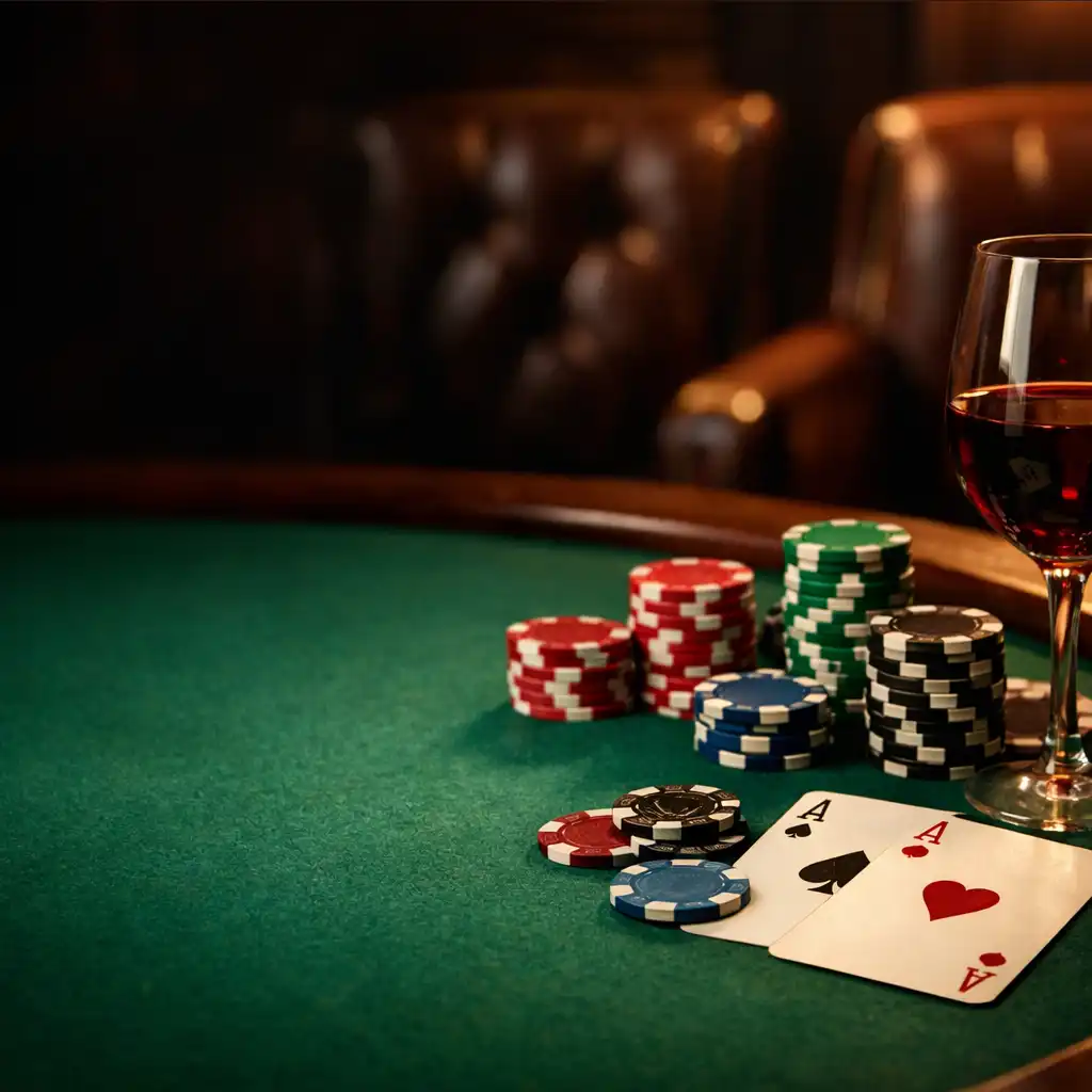 Detail pokerového stolu se zeleným plstěným povrchem, žetony a skleničkou vína