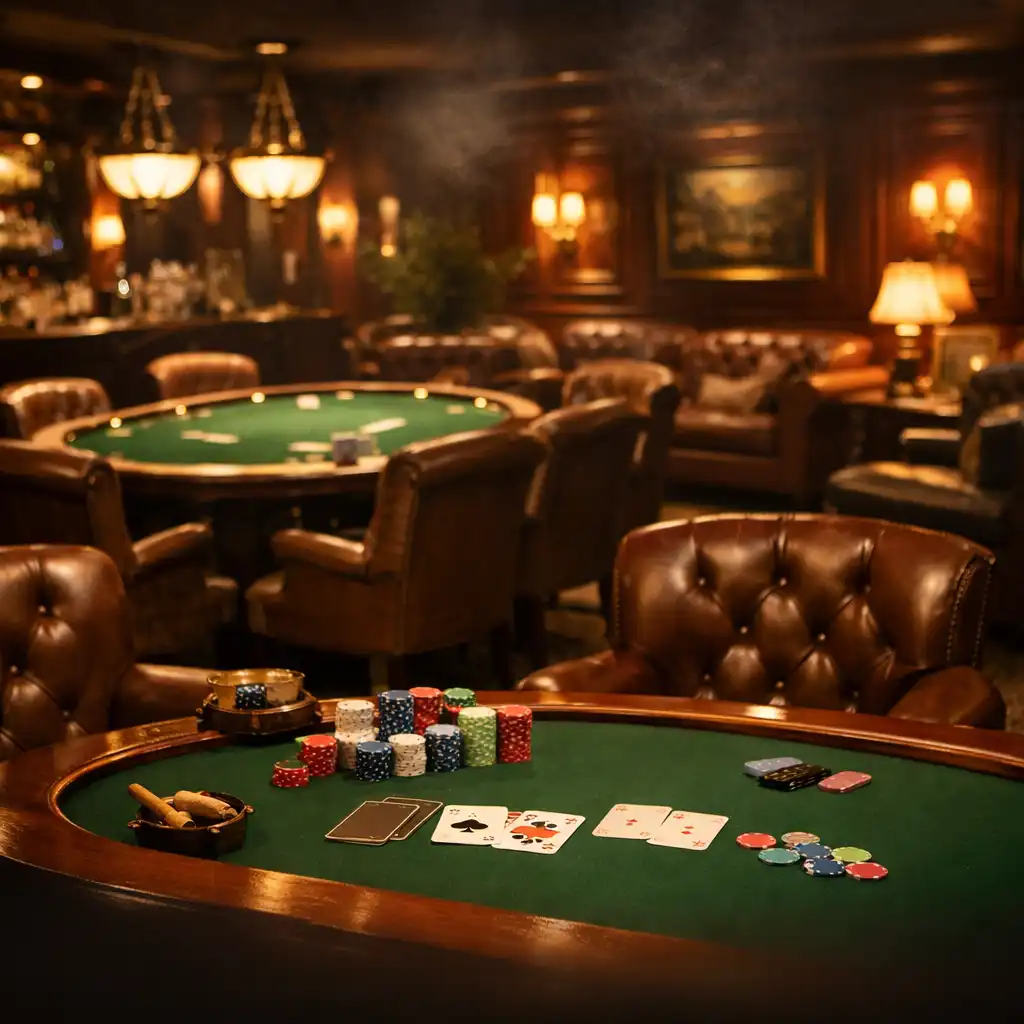 Luxusní interiér Poctivé Kuchyně s pokerovým stolem, žetony a teplým klubovým osvětlením