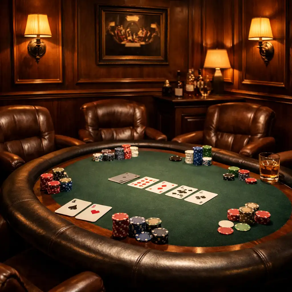 Menší soukromý pokerový stůl pro šest hráčů v intimním salonku