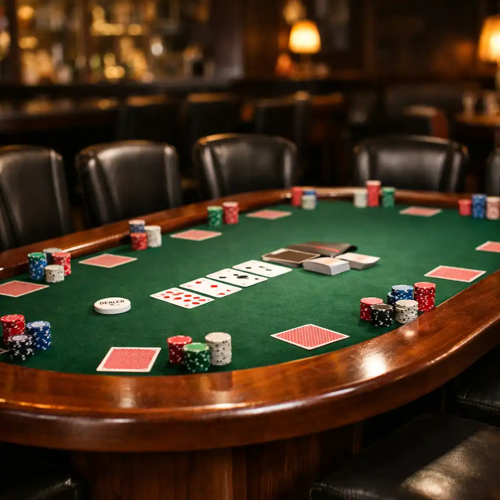 Texas Hold'em stůl s devíti místy, koženými židlemi a zeleným plátnem
